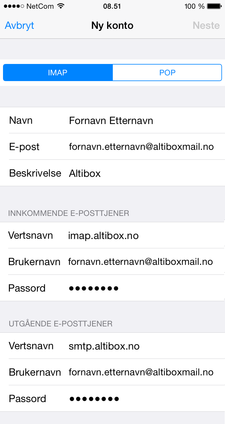 Altibox Fiberbredbånd 5 E-post på iphone 5. Skriv inn ditt fulle navn Skriv inn ditt passord Skriv en valgfri beskrivelse av kontoen, for eksempel «Altibox». Velg Neste 6. Se til at IMAP er valgt.