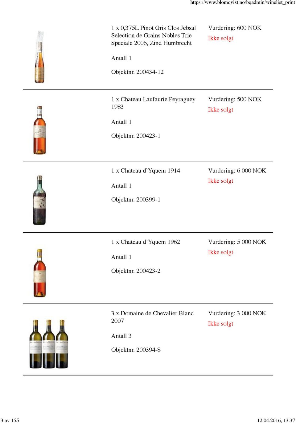 200423-1 1 x Chateau d`yquem 1914 Vurdering: 6 000 NOK Objektnr.