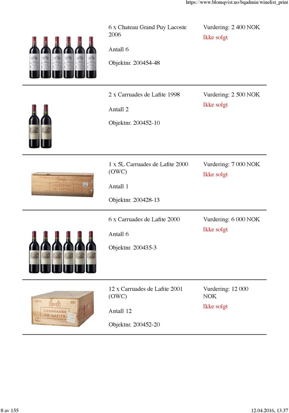 200452-10 1 x 5L Carruades de Lafite 2000 (OWC) Vurdering: 7 000 NOK Objektnr.