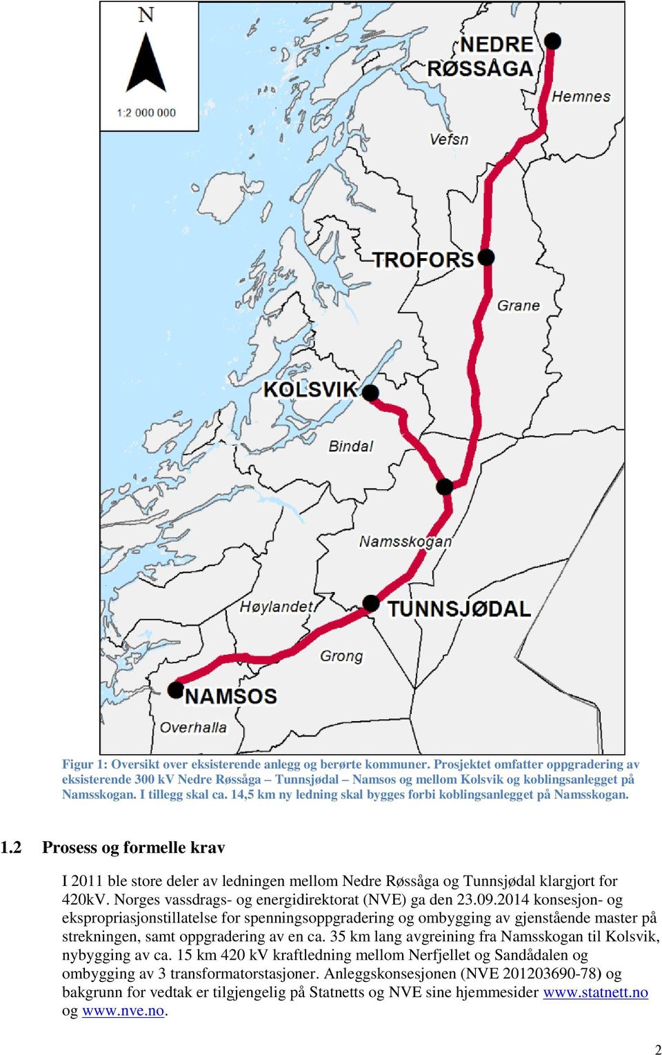 14,5 km ny ledning skal bygges forbi koblingsanlegget på Namsskogan. 1.2 Prosess og formelle krav I 2011 ble store deler av ledningen mellom Nedre Røssåga og Tunnsjødal klargjort for 420kV.