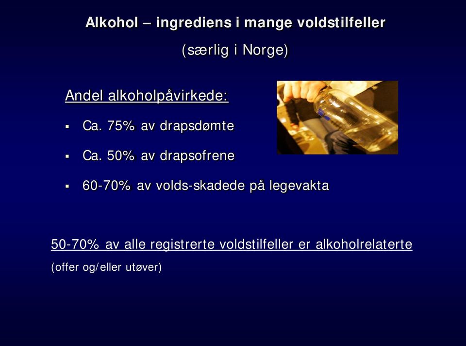 50% av drapsofrene 60-70% av volds-skadede på legevakta 50-70%