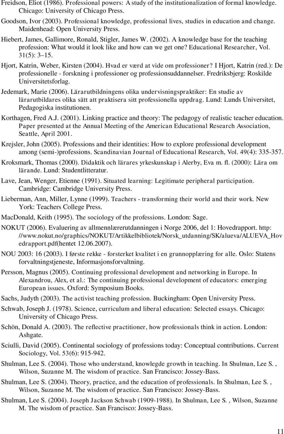 A knowledge base for the teaching profession: What would it look like and how can we get one? Educational Researcher, Vol. 31(5): 3 15. Hjort, Katrin, Weber, Kirsten (2004).