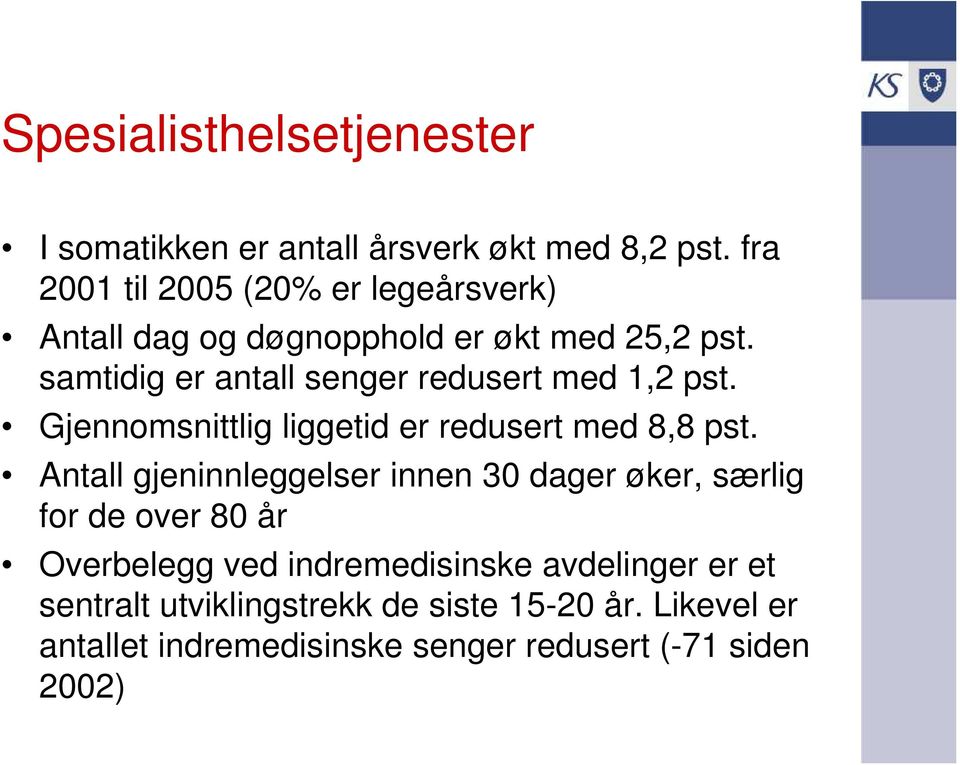 samtidig er antall senger redusert med 1,2 pst. Gjennomsnittlig liggetid er redusert med 8,8 pst.