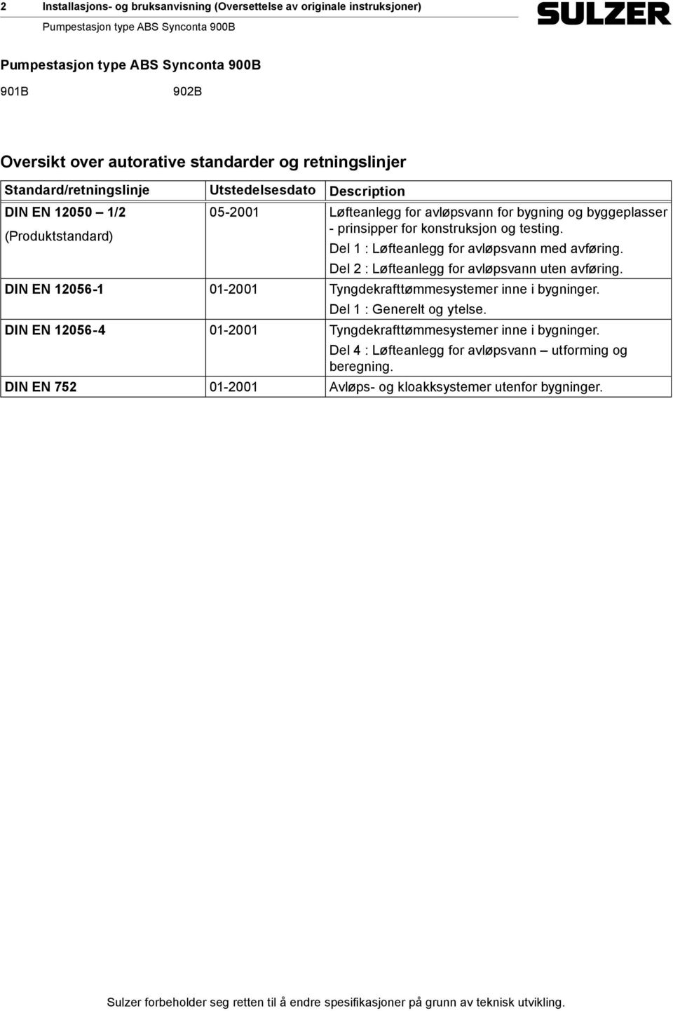 Del 2 : Løfteanlegg for avløpsvann uten avføring. DIN EN 12056-1 01-2001 Tyngdekrafttømmesystemer inne i bygninger. Del 1 : Generelt og ytelse.