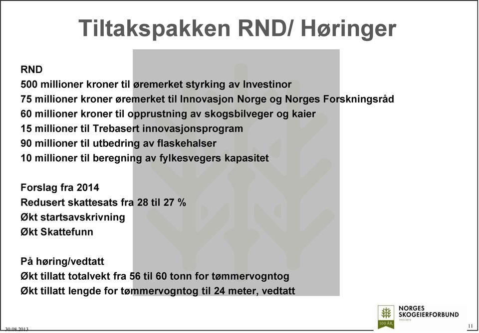 utbedring av flaskehalser 10 millioner til beregning av fylkesvegers kapasitet Forslag fra 2014 Redusert skattesats fra 28 til 27 % Økt