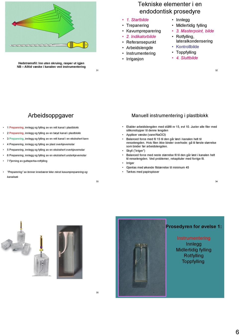Slutt 32 Arbeidsoppgaver Manuell instrumentering i plastblokk 1 Preparering, innlegg og fylling av en rett kanal i plastblokk 2 Preparering, innlegg og fylling av en bøyd kanal i plastblokk 3