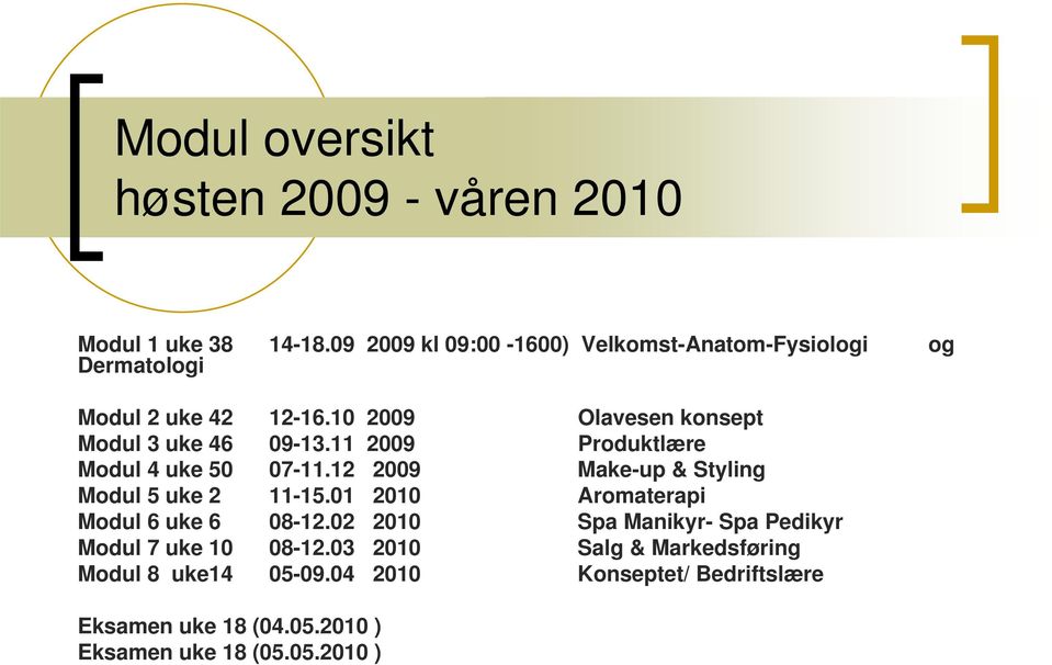 10 2009 Olavesen konsept Modul 3 uke 46 09-13.11 2009 Produktlære Modul 4 uke 50 07-11.