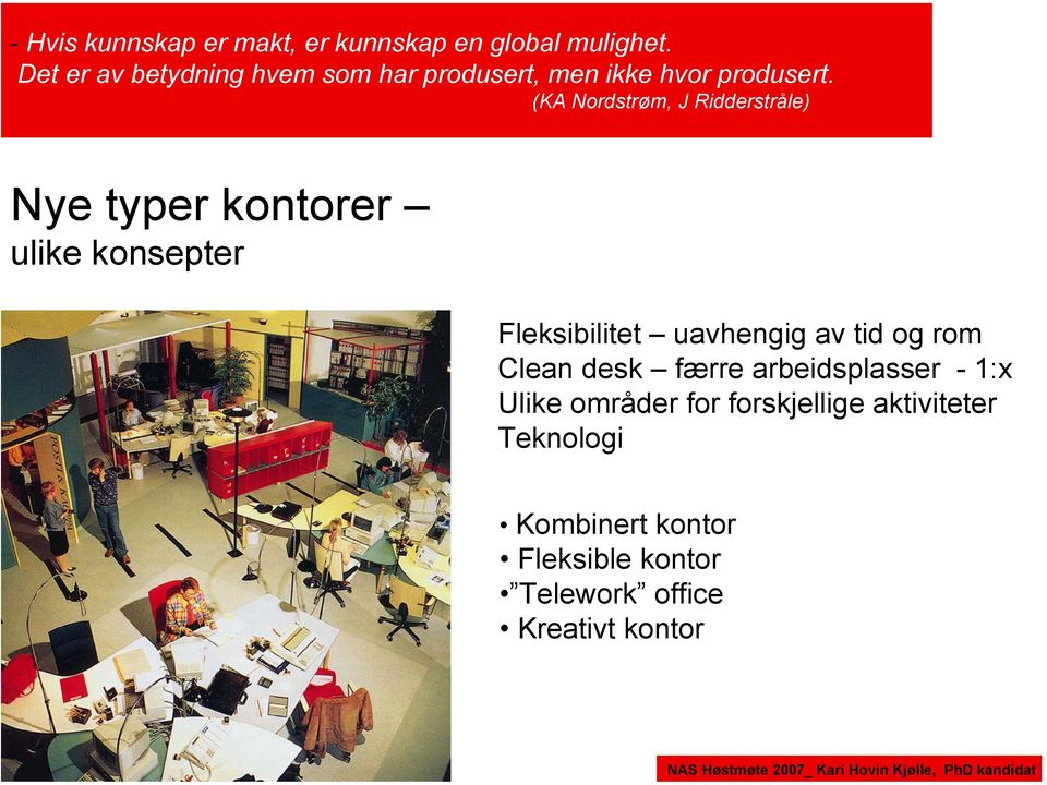 (KA Nordstrøm, J Ridderstråle) Nye typer kontorer ulike konsepter Fleksibilitet uavhengig av tid