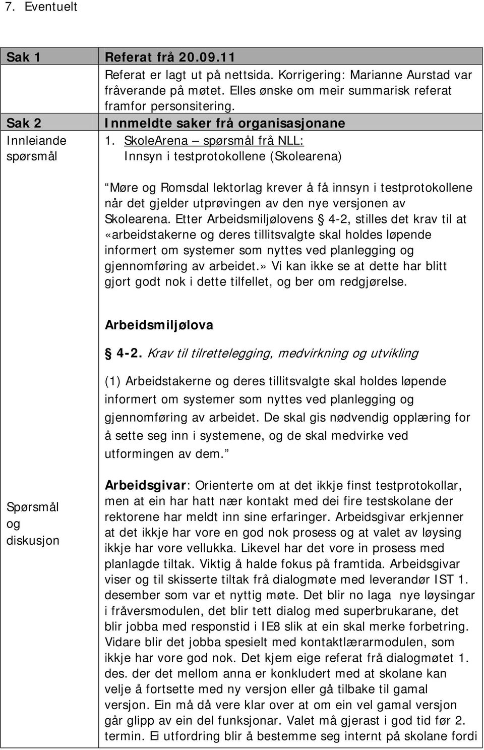 SkoleArena frå NLL: Innsyn i testprotokollene (Skolearena) Møre og Romsdal lektorlag krever å få innsyn i testprotokollene når det gjelder utprøvingen av den nye versjonen av Skolearena.