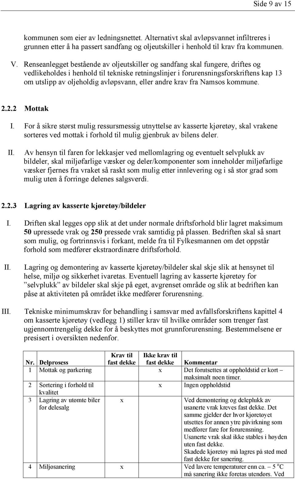 avløpsvann, eller andre krav fra Namsos kommune. 2.2.2 Mottak I.