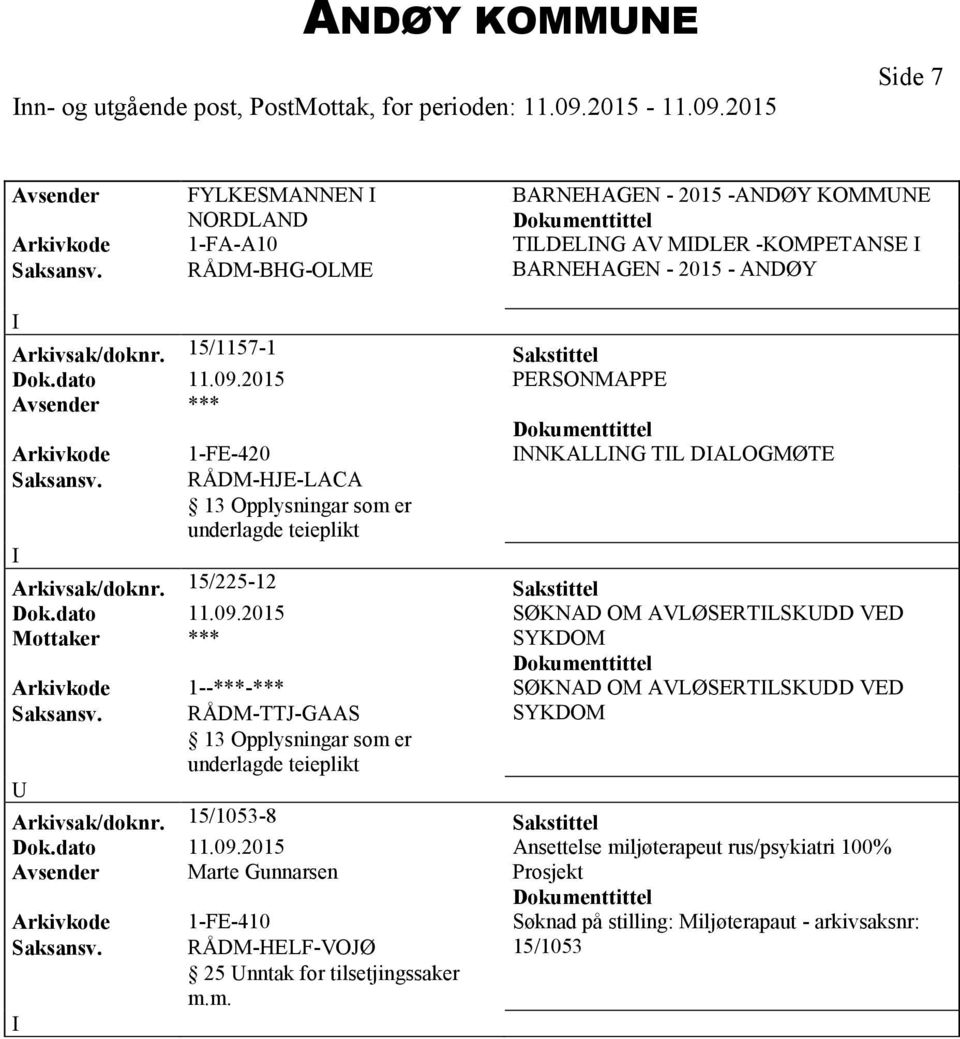 RÅDM-BHG-OLME BARNEHAGEN - 2015 - ANDØY Arkivsak/doknr. 15/1157-1 Sakstittel Arkivkode 1-FE-420 NNKALLNG TL DALOGMØTE Saksansv. RÅDM-HJE-LACA Arkivsak/doknr. 15/225-12 Sakstittel Dok.dato 11.09.