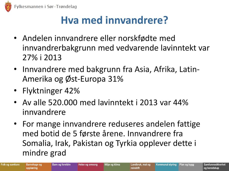 Innvandrere med bakgrunn fra Asia, Afrika, Latin- Amerika og Øst-Europa 31% Flyktninger 42% Av alle 520.