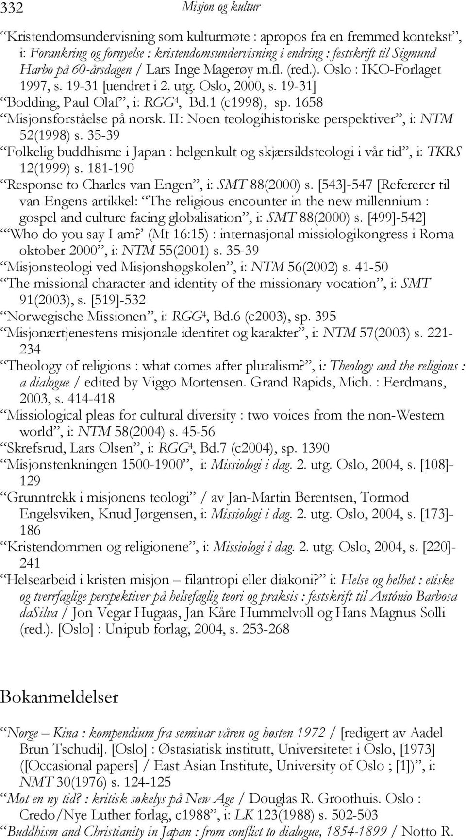 1658 Misjonsforståelse på norsk. II: Noen teologihistoriske perspektiver, i: NTM 52(1998) s. 35-39 Folkelig buddhisme i Japan : helgenkult og skjærsildsteologi i vår tid, i: TKRS 12(1999) s.