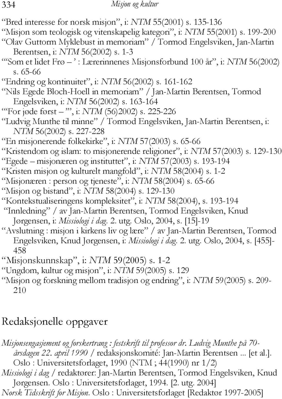 65-66 Endring og kontinuitet, i: NTM 56(2002) s. 161-162 Nils Egede Bloch-Hoell in memoriam / Jan-Martin Berentsen, Tormod Engelsviken, i: NTM 56(2002) s. 163-164 For jøde først, i: NTM (56)2002) s.