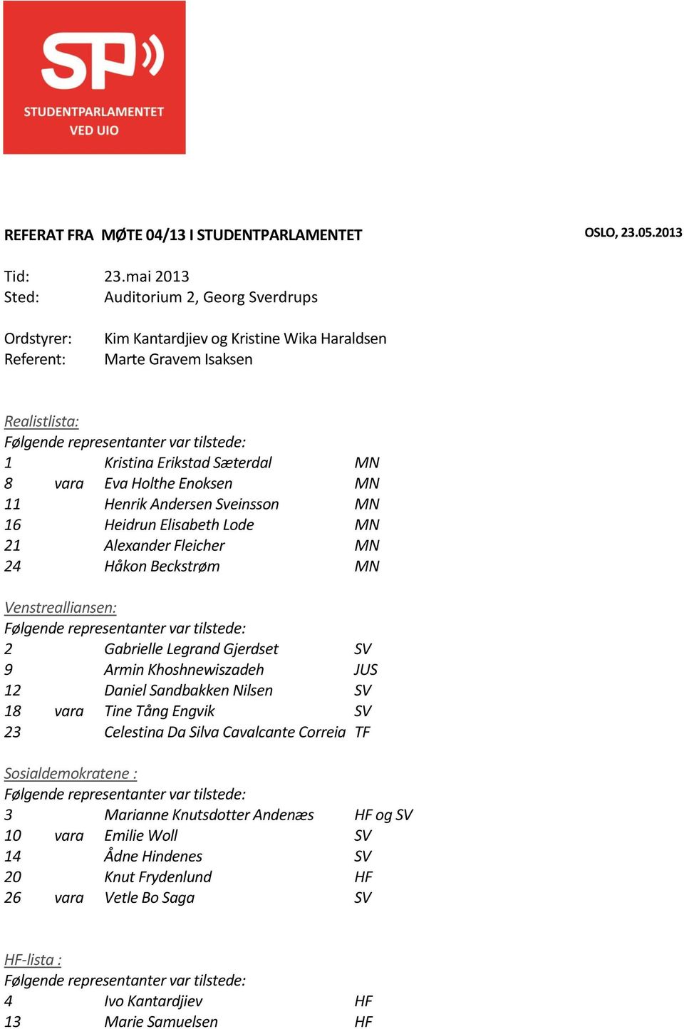 Erikstad Sæterdal MN 8 vara Eva Holthe Enoksen MN 11 Henrik Andersen Sveinsson MN 16 Heidrun Elisabeth Lode MN 21 Alexander Fleicher MN 24 Håkon Beckstrøm MN Venstrealliansen: Følgende representanter