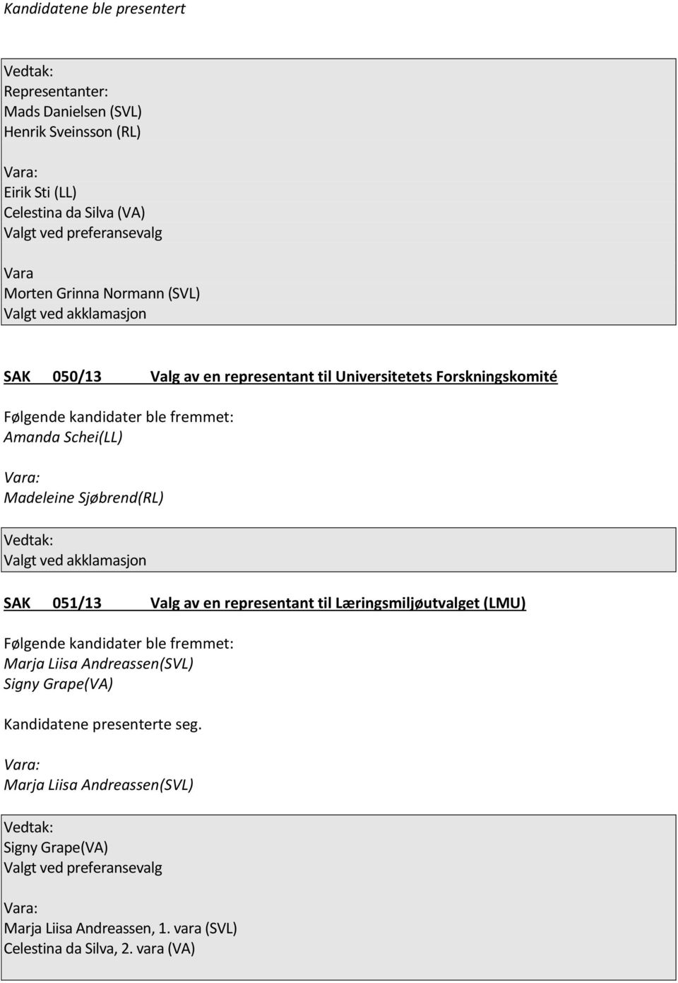 Schei(LL) Madeleine Sjøbrend(RL) SAK 051/13 Valg av en representant til Læringsmiljøutvalget (LMU) Marja Liisa