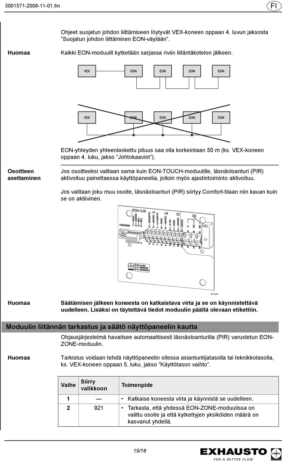 Osoitteen asettaminen Jos osoitteeksi valitaan sama kuin EON-TOUCH-moduulille, läsnäoloanturi (PIR) aktivoituu painettaessa käyttöpaneelia, jolloin myös ajastintoiminto aktivoituu.