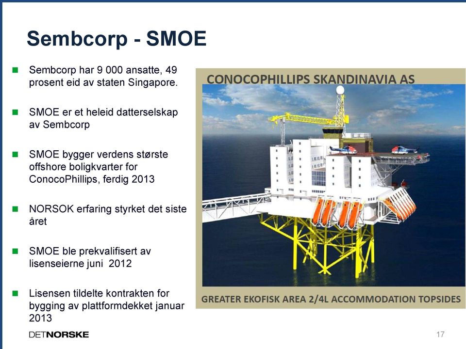 boligkvarter for ConocoPhillips, ferdig 2013 NORSOK erfaring styrket det siste året SMOE ble