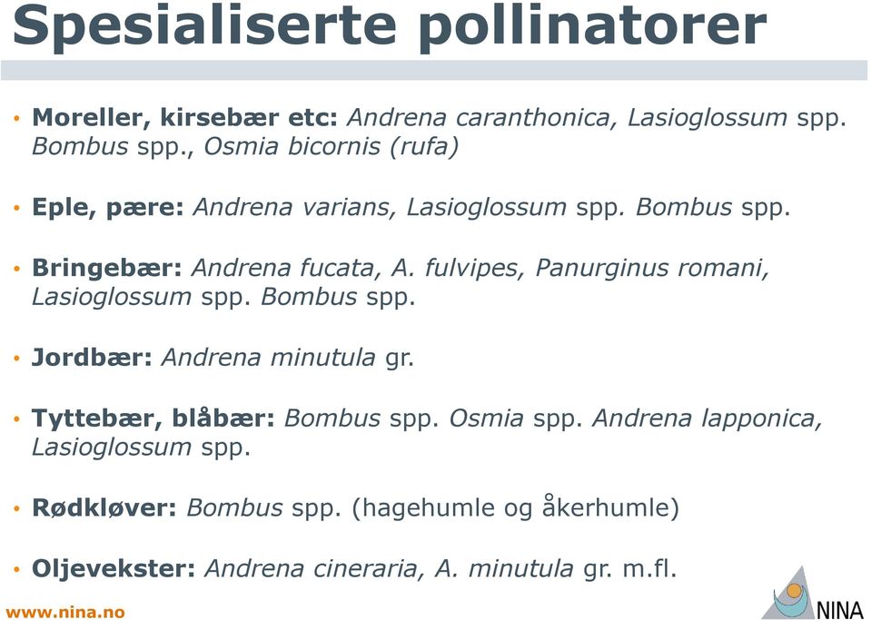 fulvipes, Panurginus romani, Lasioglossum spp. Bombus spp. Jordbær: Andrena minutula gr. Tyttebær, blåbær: Bombus spp.