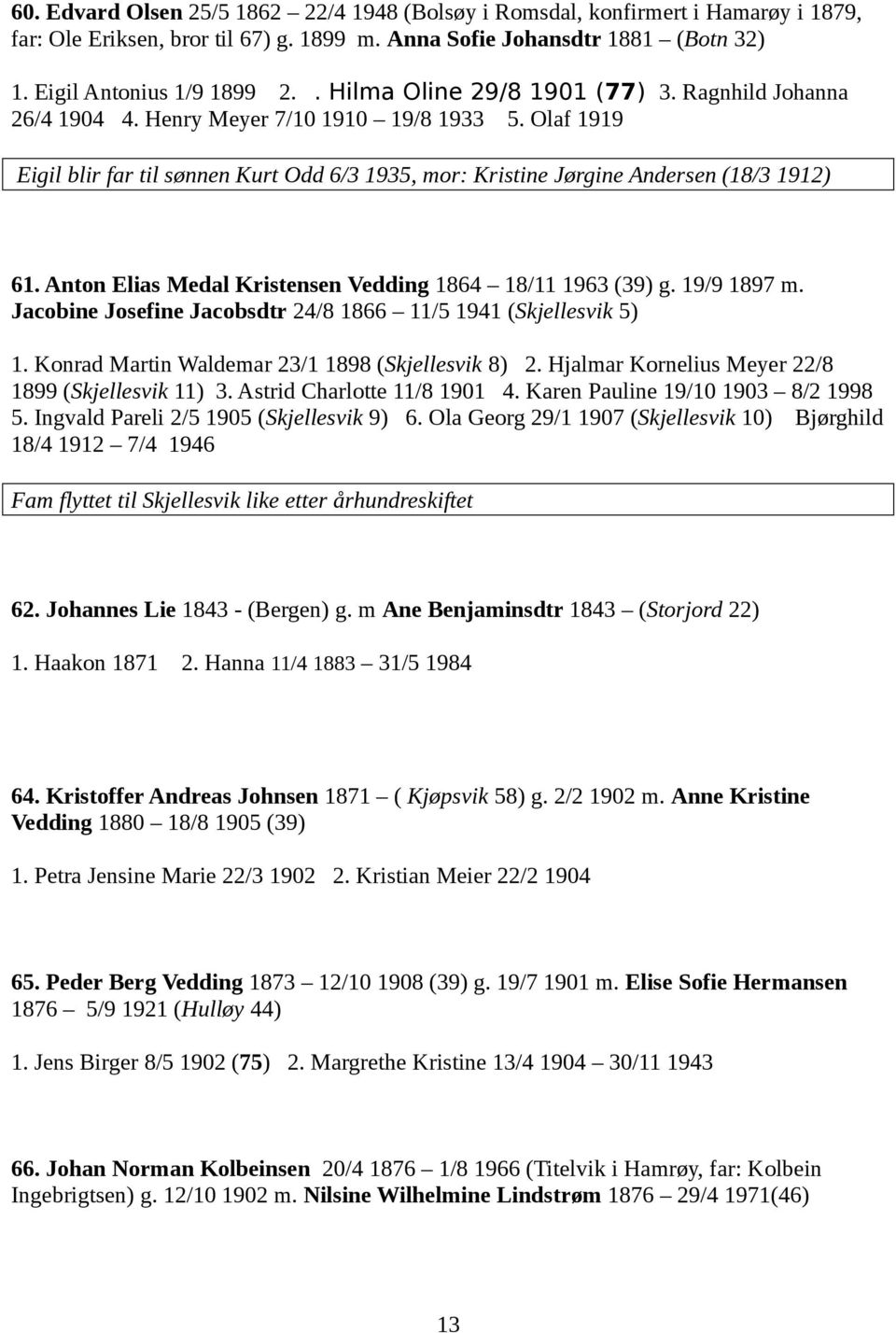 Anton Elias Medal Kristensen Vedding 1864 18/11 1963 (39) g. 19/9 1897 m. Jacobine Josefine Jacobsdtr 24/8 1866 11/5 1941 (Skjellesvik 5) 1. Konrad Martin Waldemar 23/1 1898 (Skjellesvik 8) 2.