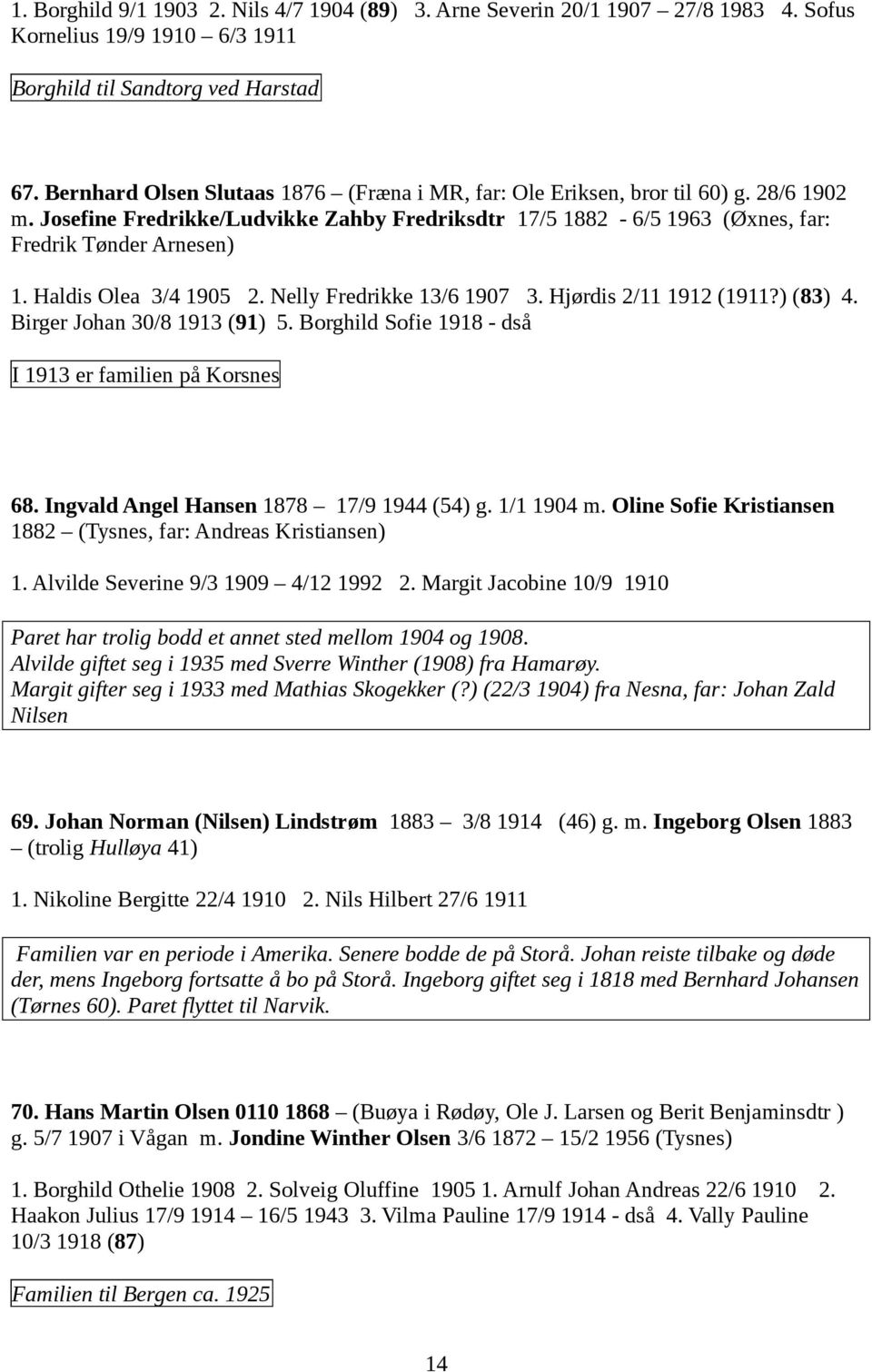 Haldis Olea 3/4 1905 2. Nelly Fredrikke 13/6 1907 3. Hjørdis 2/11 1912 (1911?) (83) 4. Birger Johan 30/8 1913 (91) 5. Borghild Sofie 1918 - dså I 1913 er familien på Korsnes 68.