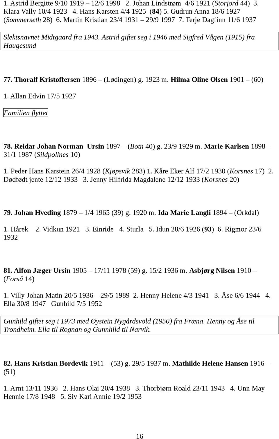 Thoralf Kristoffersen 1896 (Lødingen) g. 1923 m. Hilma Oline Olsen 1901 (60) 1. Allan Edvin 17/5 1927 Familien flyttet 78. Reidar Johan Norman Ursin 1897 (Botn 40) g. 23/9 1929 m.