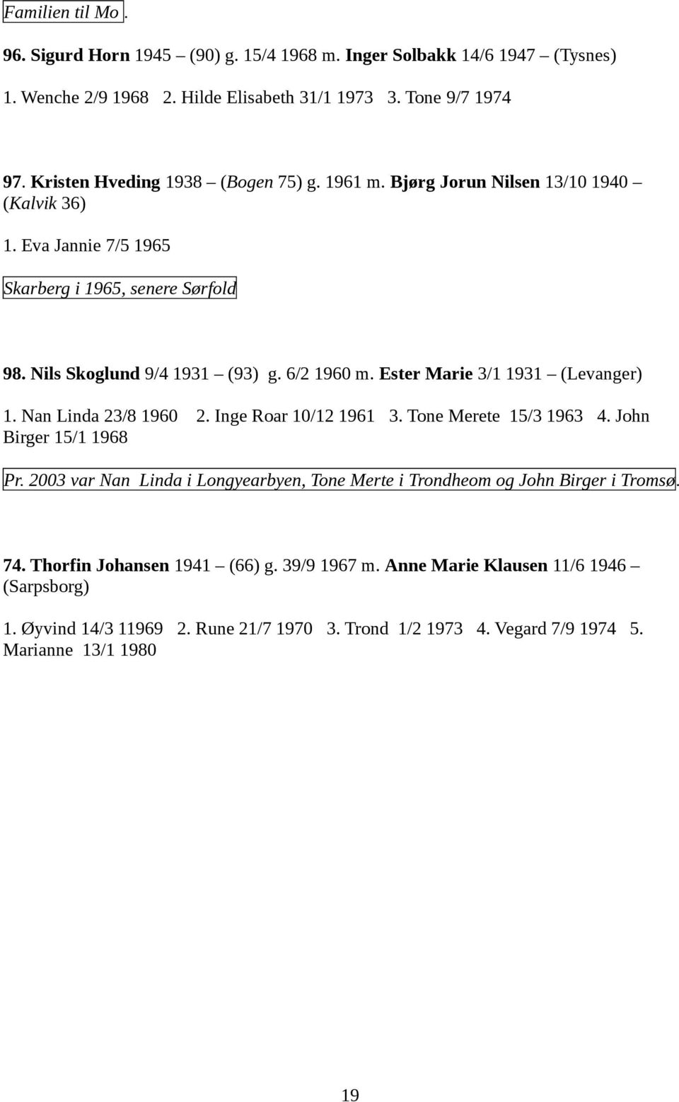 Ester Marie 3/1 1931 (Levanger) 1. Nan Linda 23/8 1960 2. Inge Roar 10/12 1961 3. Tone Merete 15/3 1963 4. John Birger 15/1 1968 Pr.