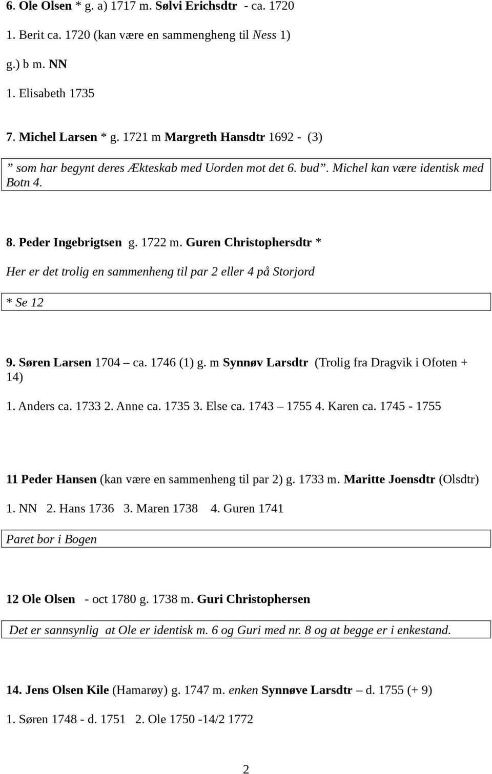 Guren Christophersdtr * Her er det trolig en sammenheng til par 2 eller 4 på Storjord * Se 12 9. Søren Larsen 1704 ca. 1746 (1) g. m Synnøv Larsdtr (Trolig fra Dragvik i Ofoten + 14) 1. Anders ca.