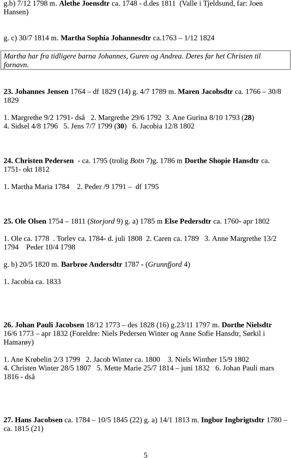 Margrethe 9/2 1791- dså 2. Margrethe 29/6 1792 3. Ane Gurina 8/10 1793 (28) 4. Sidsel 4/8 1796 5. Jens 7/7 1799 (30) 6. Jacobia 12/8 1802 24. Christen Pedersen - ca. 1795 (trolig Botn 7)g.