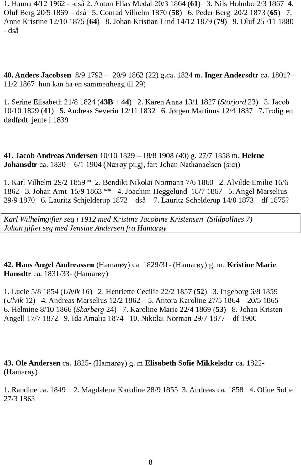 11/2 1867 hun kan ha en sammenheng til 29) 1. Serine Elisabeth 21/8 1824 (43B + 44) 2. Karen Anna 13/1 1827 (Storjord 23) 3. Jacob 10/10 1829 (41) 5. Andreas Severin 12/11 1832 6.