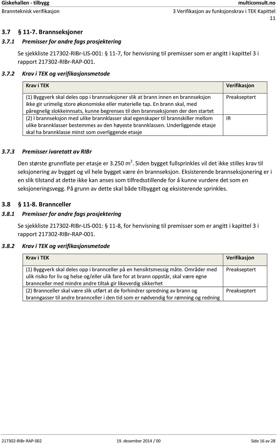 brannklasser bestemmes av den høyeste brannklassen. Underliggende etasje skal ha brannklasse minst som overliggende etasje IR 3.7.3 Premisser ivaretatt av RIBr Den største grunnflate per etasje er 3.