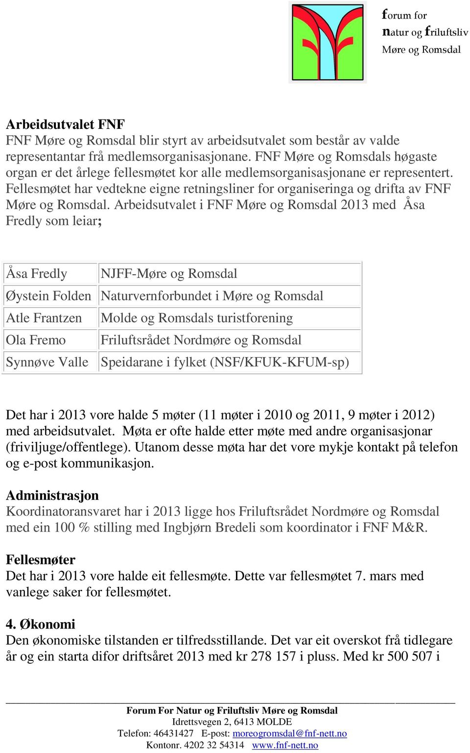 Arbeidsutvalet i FNF 2013 med Åsa Fredly som leiar; Åsa Fredly NJFF- Øystein Folden Naturvernforbundet i Atle Frantzen Molde og Romsdals turistforening Ola Fremo Friluftsrådet Nordmøre og Romsdal