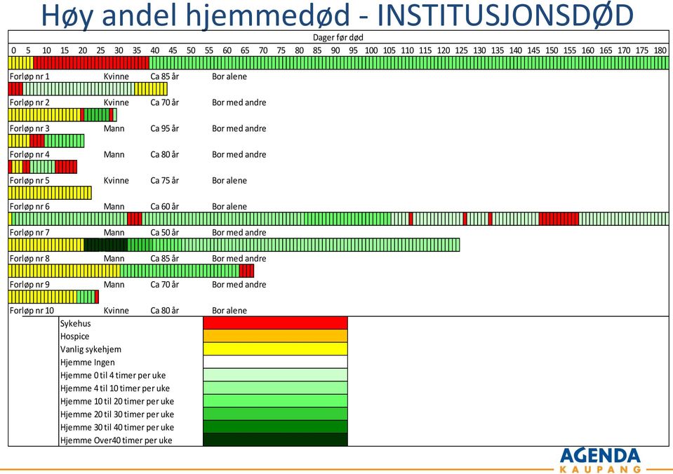 andre Forløp nr 9 Mann Ca 70 år Bor med andre Forløp nr 10 Kvinne Ca 80 år Bor alene Sykehus Hospice Vanlig sykehjem Hjemme Ingen Hjemme 0 til 4 timer per uke Hjemme 4 til 10 timer per uke Hjemme 10