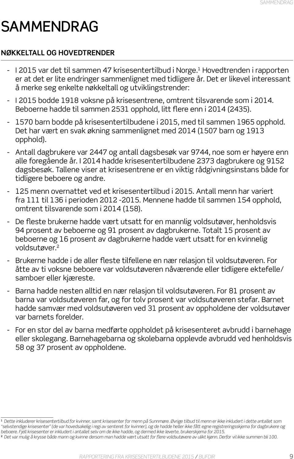 Beboerne hadde til sammen 2531 opphold, litt flere enn i 2014 (2435). 1570 barn bodde på krisesentertilbudene i 2015, med til sammen 1965 opphold.