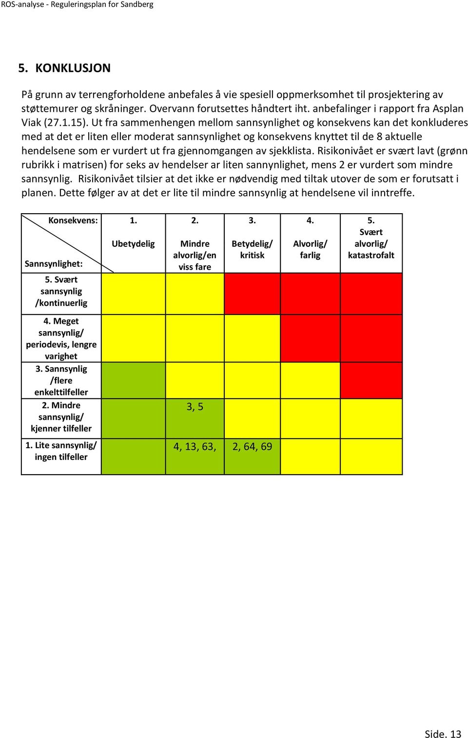 Ut fra sammenhengen mellom sannsynlighet og konsekvens kan det konkluderes med at det er liten eller moderat sannsynlighet og konsekvens knyttet til de 8 aktuelle hendelsene som er vurdert ut fra