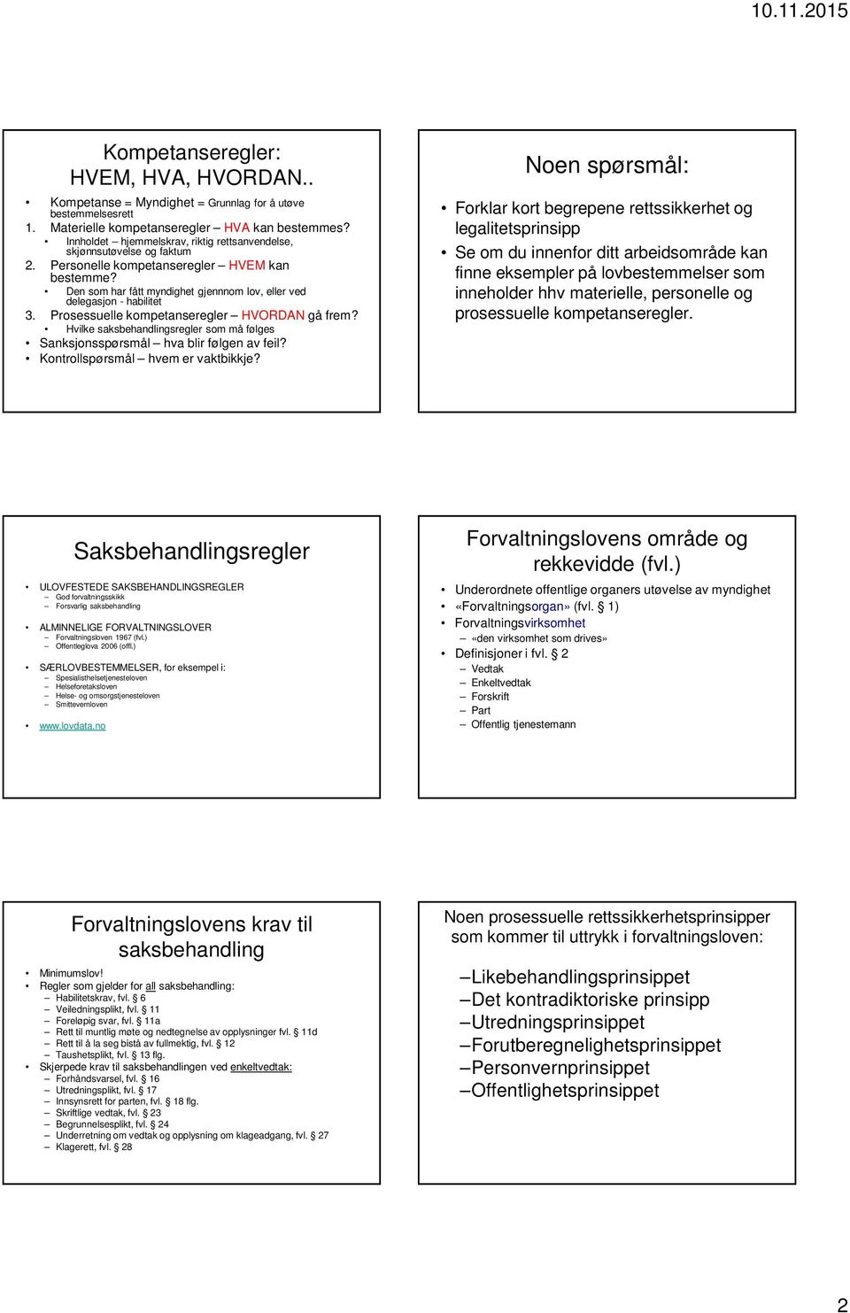 Prosessuelle kompetanseregler HVORDAN gå frem? Hvilke saksbehandlingsregler som må følges Sanksjonsspørsmål hva blir følgen av feil? Kontrollspørsmål hvem er vaktbikkje?