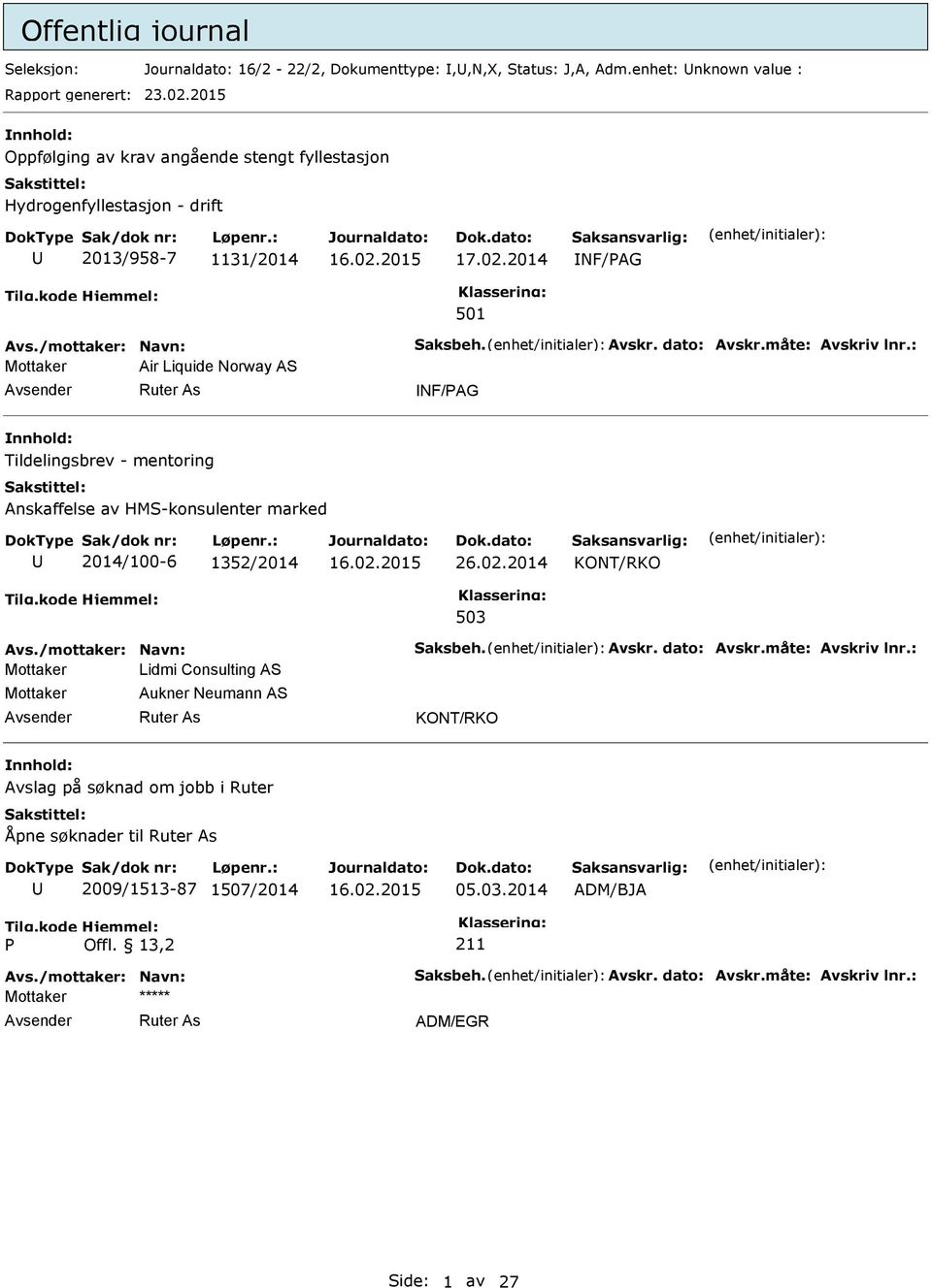 : Air Liquide Norway AS NF/PAG Tildelingsbrev - mentoring Anskaffelse av HMS-konsulenter marked 2014/100-6 1352/2014 26.02.2014 Avs./mottaker: Navn: Saksbeh. Avskr. dato: Avskr.