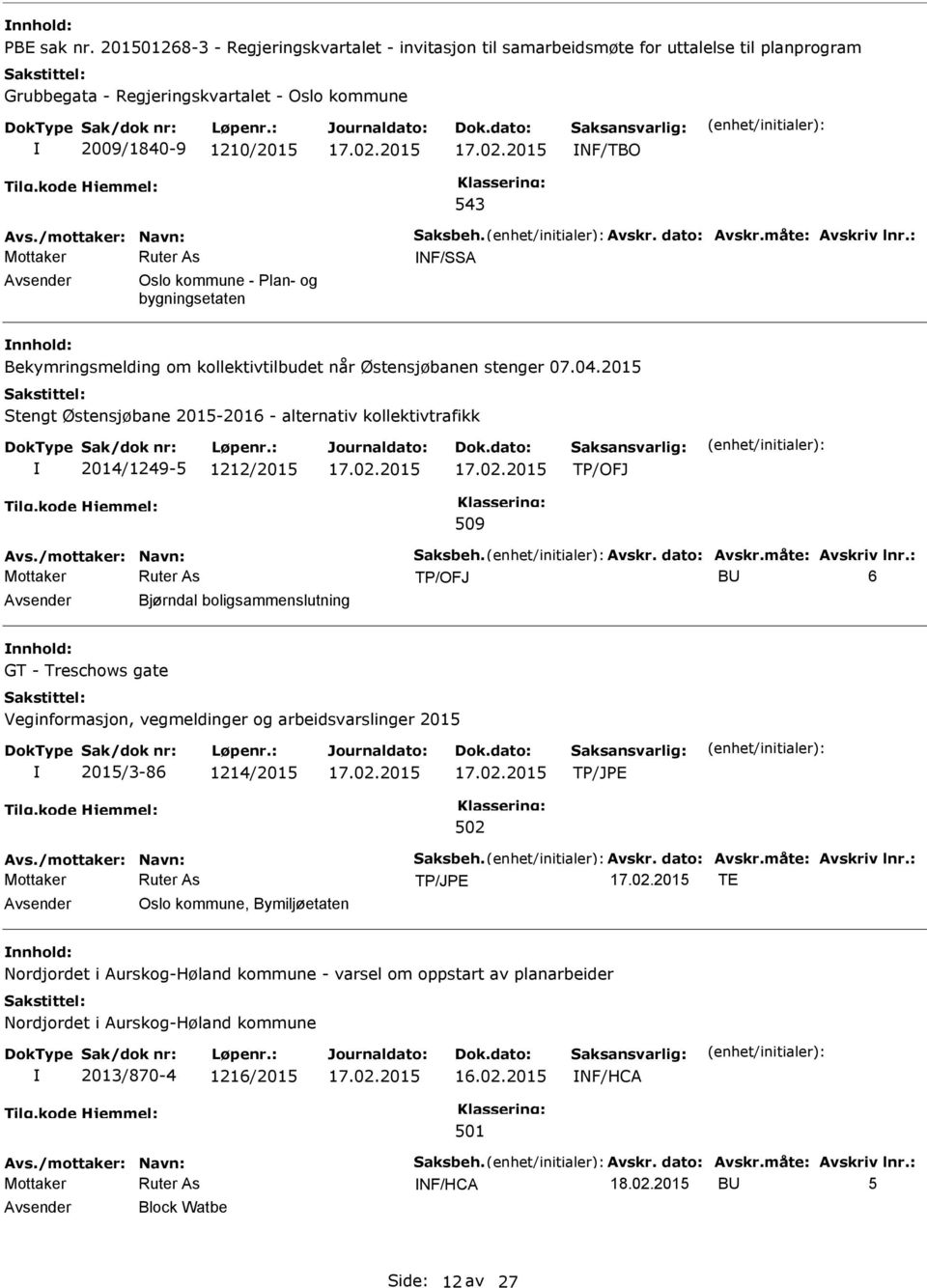 2015 Stengt Østensjøbane 2015-2016 - alternativ kollektivtrafikk 2014/1249-5 1212/2015 TP/OFJ 509 Avs./mottaker: Navn: Saksbeh. Avskr. dato: Avskr.måte: Avskriv lnr.