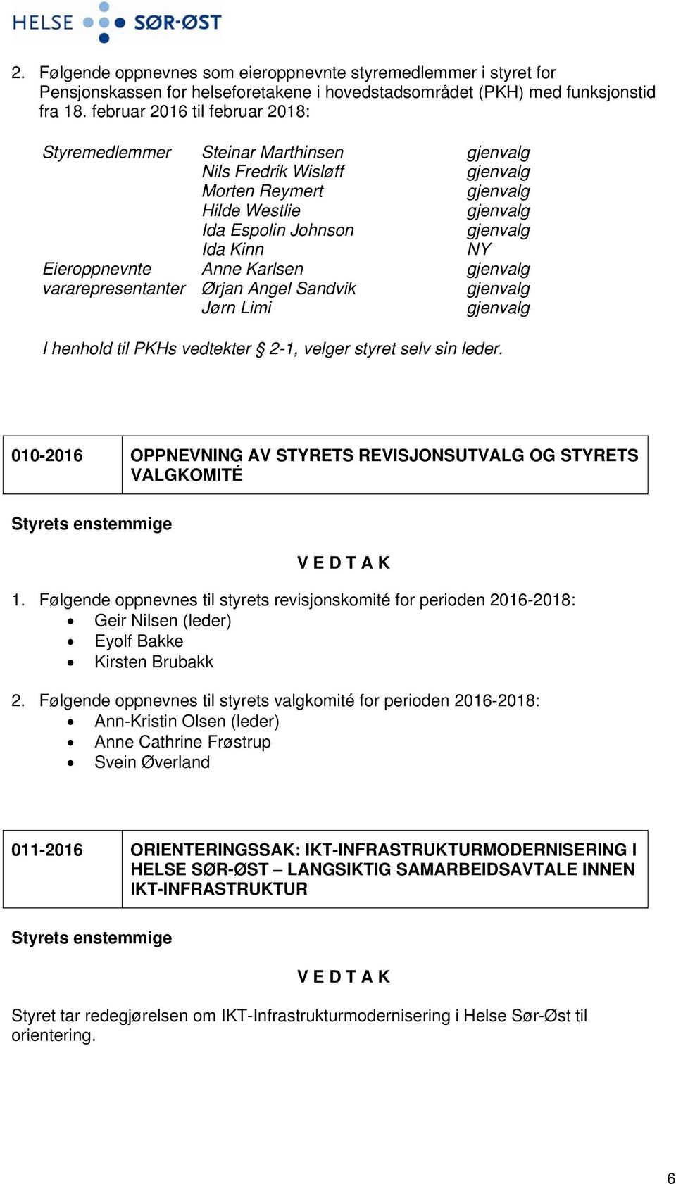 Angel Sandvik Jørn Limi I henhold til PKHs vedtekter 2-1, velger styret selv sin leder. 010-2016 OPPNEVNING AV STYRETS REVISJONSUTVALG OG STYRETS VALGKOMITÉ 1.