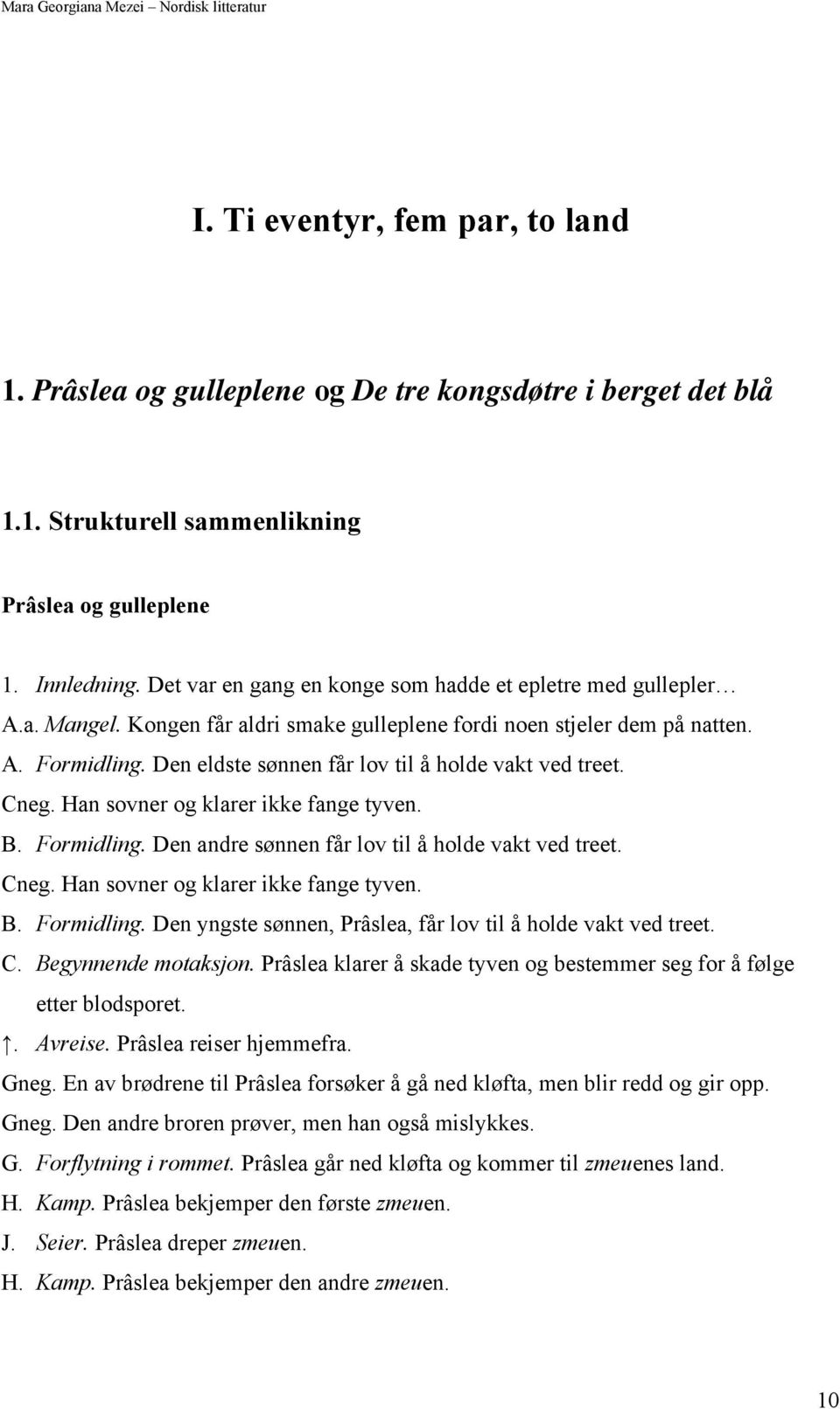 Den eldste sønnen får lov til å holde vakt ved treet. Cneg. Han sovner og klarer ikke fange tyven. B. Formidling. Den andre sønnen får lov til å holde vakt ved treet. Cneg. Han sovner og klarer ikke fange tyven. B. Formidling. Den yngste sønnen, Prâslea, får lov til å holde vakt ved treet.