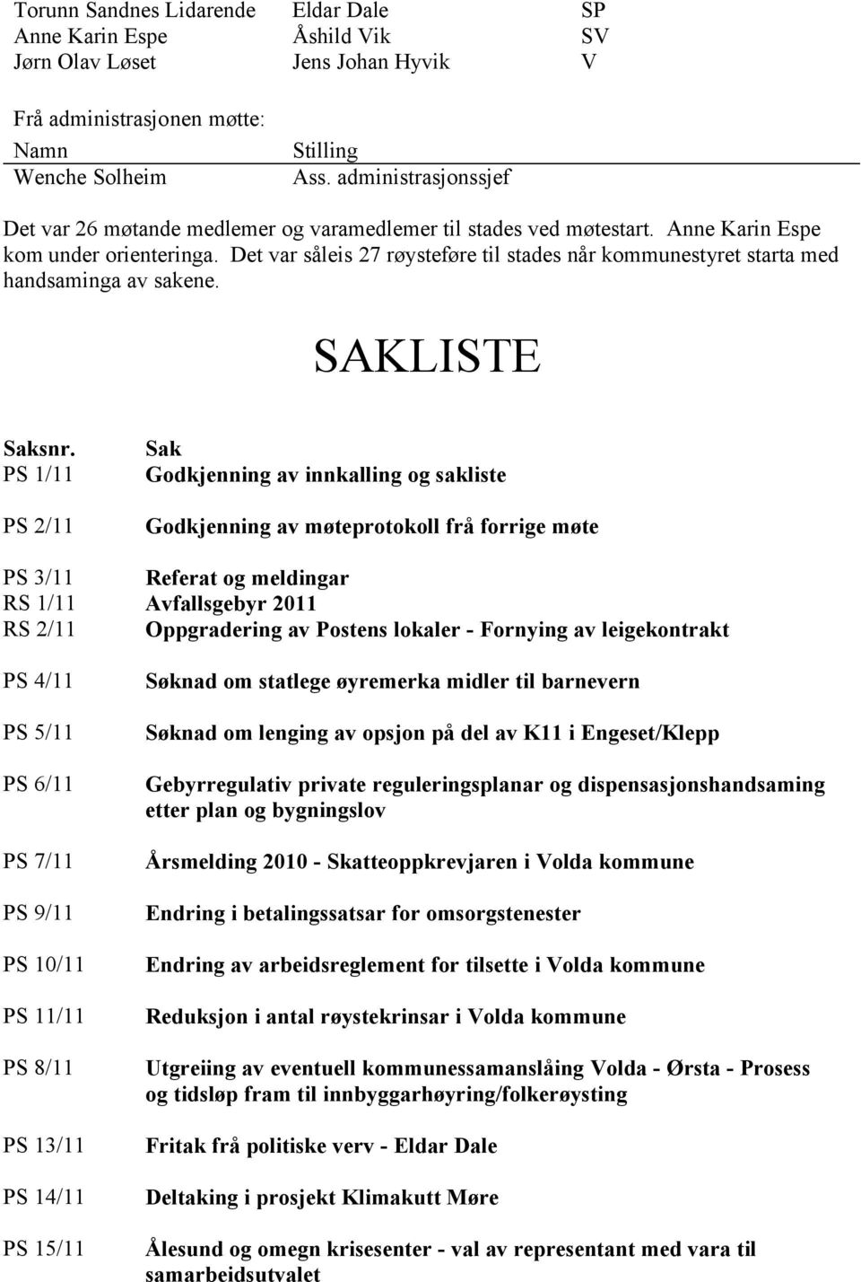 Det var såleis 27 røysteføre til stades når kommunestyret starta med handsaminga av sakene. SAKLISTE Saksnr.