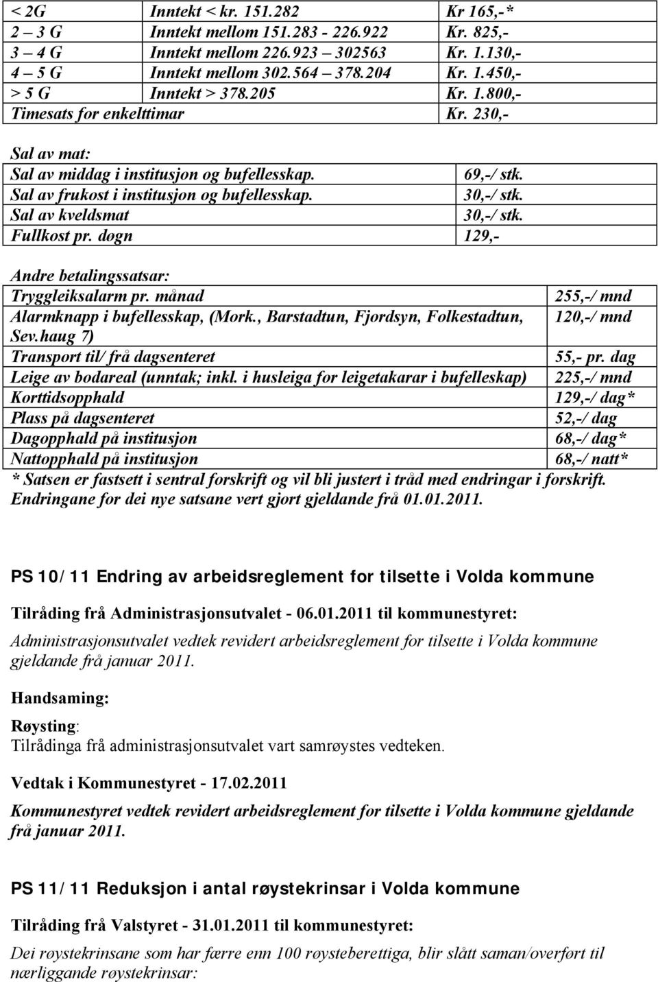 Sal av kveldsmat 30,-/ stk. Fullkost pr. døgn 129,- Andre betalingssatsar: Tryggleiksalarm pr. månad 255,-/ mnd Alarmknapp i bufellesskap, (Mork., Barstadtun, Fjordsyn, Folkestadtun, 120,-/ mnd Sev.