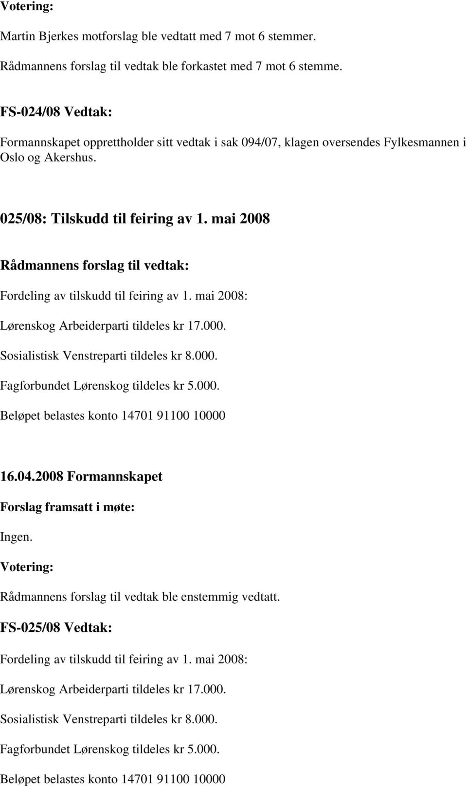 mai 2008 Fordeling av tilskudd til feiring av 1. mai 2008: Lørenskog Arbeiderparti tildeles kr 17.000. Sosialistisk Venstreparti tildeles kr 8.000. Fagforbundet Lørenskog tildeles kr 5.