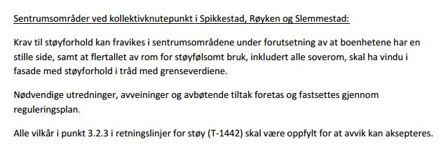 Støyvurdering Spikkestadveien - utgave 7. Bestemmelser i kommuneplanen Det finnes ofte konkrete og spesifiserte krav i kommunedelplanens arealdel, eller kommuneplanens bestemmelser.