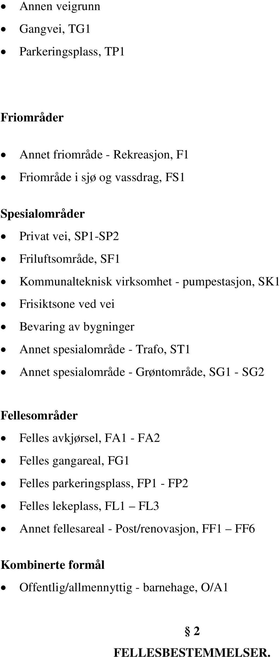 Trafo, ST1 Annet spesialområde - Grøntområde, SG1 - SG2 Fellesområder Felles avkjørsel, FA1 - FA2 Felles gangareal, FG1 Felles parkeringsplass, FP1 -