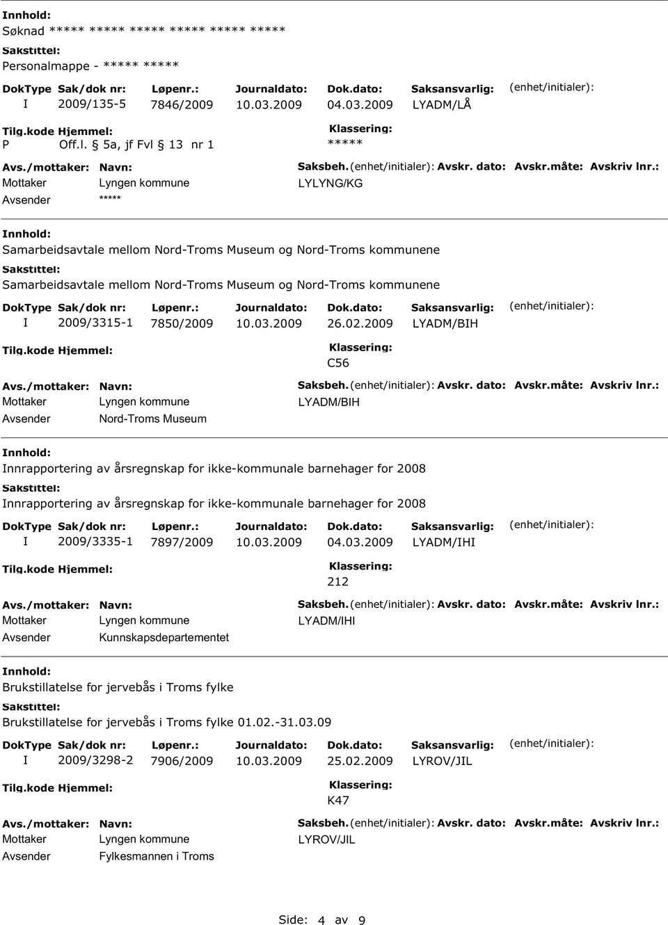 2009 LYADM/BH Avsender Nord-Troms Museum C56 Saksbeh. Avskr. dato: Avskr.måte: Avskriv lnr.