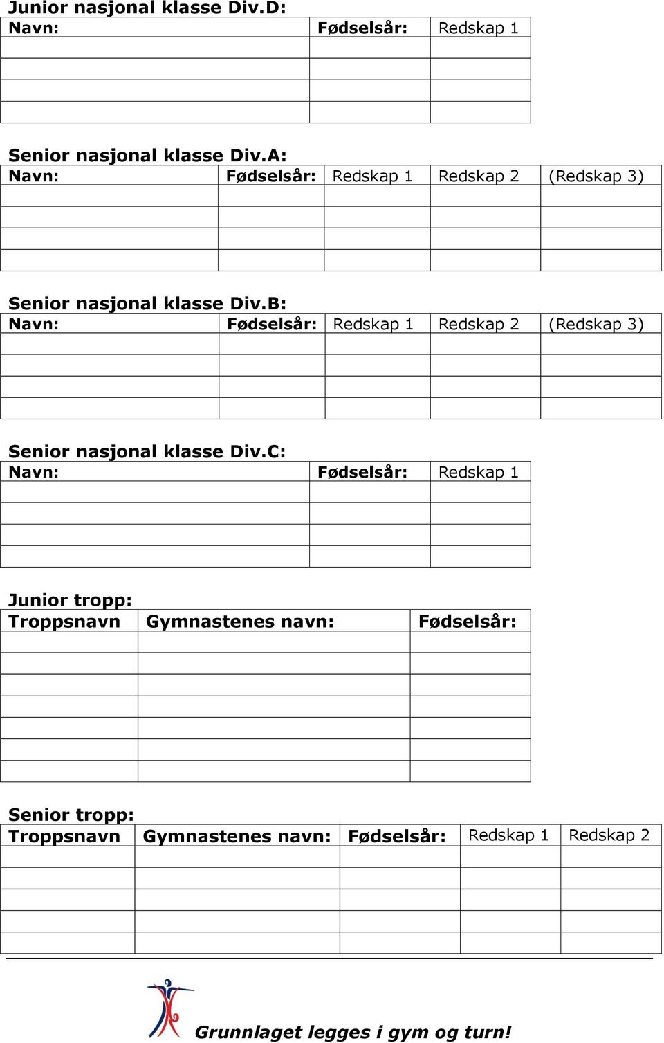 A: Senior nasjonal klasse Div.B: Senior nasjonal klasse Div.