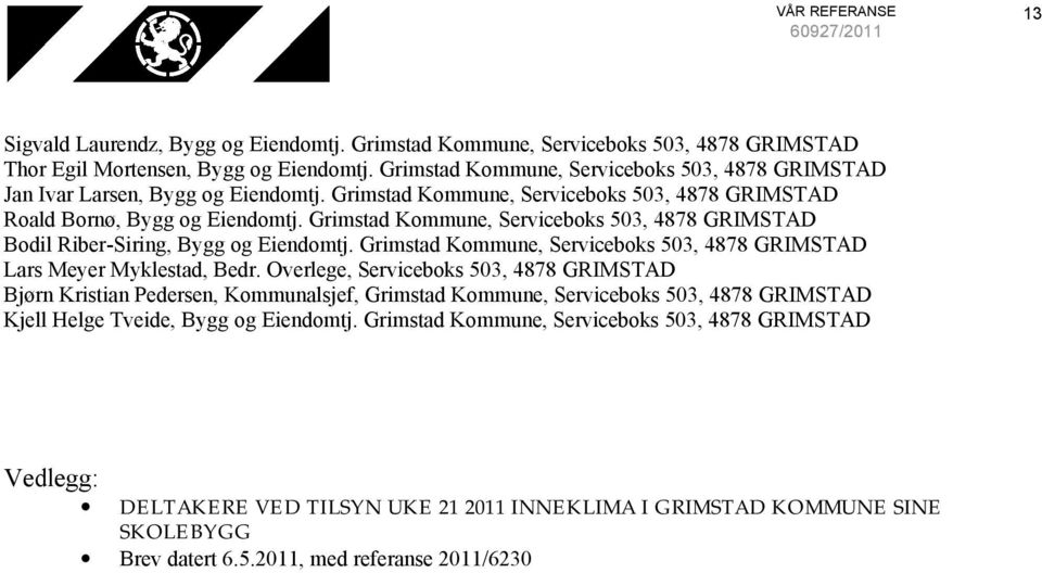 Grimstad Kommune, Serviceboks 503, 4878 GRIMSTAD Bodil Riber-Siring, Bygg og Eiendomtj. Grimstad Kommune, Serviceboks 503, 4878 GRIMSTAD Lars Meyer Myklestad, Bedr.