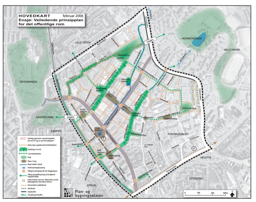 Ensjø områdeplan og veiledende plan for det offentlige rom og overvann i 2006 Særlig viktige grep i planen: Åpnet