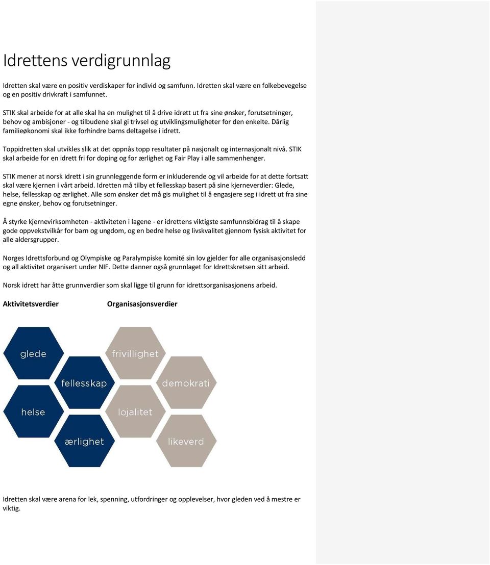 Dårlig familieøkonomi skal ikke forhindre barns deltagelse i idrett. Toppidretten skal utvikles slik at det oppnås topp resultater på nasjonalt og internasjonalt nivå.